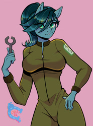 Size: 947x1280 | Tagged: safe, artist:paintedcora, oc, oc only, earth pony, anthro, breasts, clothes, digital art, eye clipping through hair, female, hand on hip, jumpsuit, looking at you, smiling, smiling at you, solo