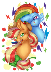 Size: 1024x1449 | Tagged: safe, artist:maneblue, applejack, rainbow dash, earth pony, pegasus, pony, g4, apple, bust, chest fluff, duo, ear fluff, female, food, grin, hat, mare, rainbow power, simple background, smiling, transparent background