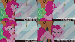Size: 1280x720 | Tagged: safe, edit, edited screencap, editor:quoterific, screencap, pinkie pie, earth pony, pony, g4, party pooped, season 5, female, mare, open mouth, solo, text, train