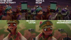 Size: 1280x720 | Tagged: safe, edit, edited screencap, editor:quoterific, screencap, sparkle chaser, sprout cloverleaf, earth pony, pony, g5, my little pony: a new generation, spoiler:my little pony: a new generation, anti-mind reading cap, coat markings, comic, dialogue, emperor sprout, female, group, male, mare, maretime bay, microphone, open mouth, pega-periscope goggles, sheriff's badge, smiling, socks (coat markings), stallion, text, unnamed character, unnamed pony
