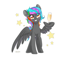 Size: 5000x4000 | Tagged: safe, artist:kaikururu, oc, oc only, oc:rainbow marble, pegasus, pony, champagne glass, commission, eye clipping through hair, grin, multicolored hair, rainbow hair, simple background, smiling, solo, transparent background, wing hold, wings, ych result