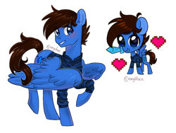Size: 1024x768 | Tagged: safe, artist:kaikururu, oc, oc only, pegasus, pony, chibi, clothes, duo, heart, male, mouth hold, pegasus oc, raised hoof, simple background, stallion, sword, transparent background, weapon, wings