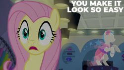 Size: 1280x720 | Tagged: safe, edit, edited screencap, editor:quoterific, screencap, fluttershy, pegasus, pony, fake it 'til you make it, g4, season 8, clothes, dress, female, mannequin, mare, open mouth, solo, text