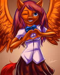Size: 1920x2400 | Tagged: artist needed, safe, oc, oc:lucky, pegasus, anthro, blouse, bowtie, clothes, crossdressing, heart hands, looking at you, one eye closed, pegasus oc, school uniform, skirt, spread wings, wings, wink, winking at you