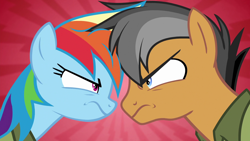 Size: 1920x1080 | Tagged: safe, screencap, quibble pants, rainbow dash, earth pony, pegasus, pony, g4, season 6, stranger than fan fiction, angry, duo, female, looking at each other, looking at someone, male, mare, red background, simple background, stallion