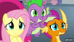 Size: 640x360 | Tagged: safe, screencap, fluttershy, smolder, spike, dragon, pegasus, pony, g4, season 9, sweet and smoky, animated, cute, daaaaaaaaaaaw, dilated pupils, dragoness, female, flying, gif, gifs.com, grin, male, mare, puppy dog eyes, school of friendship, shyabetes, smiling, smolderbetes, spikabetes, spread wings, trio, winged spike, wings