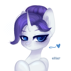 Size: 1024x1024 | Tagged: safe, artist:etter, rarity, pony, unicorn, g4, alternate hairstyle, blushing, bust, colored pupils, cute, eyebrows, female, heart, horn, mare, new hairstyle, portrait, simple background, solo, watermark, white background