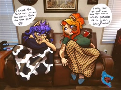 Size: 2048x1535 | Tagged: safe, artist:paintedcora, oc, oc only, oc:painted cora, oc:shotgun, cow, cow pony, earth pony, anthro, unguligrade anthro, art trade, big breasts, blanket, breasts, chair, clothes, dialogue, digital art, duo, duo female, ear piercing, earring, eye clipping through hair, female, glasses, irl, jewelry, looking at each other, looking at someone, open mouth, open smile, photo, piercing, shirt, sitting, smiling, speech bubble, tail, talking, text, tongue out