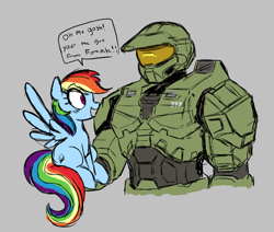 Size: 762x645 | Tagged: safe, artist:_ton618_, rainbow dash, pegasus, pony, g4, aggie.io, armor, duo, excited, female, fortnite, gray background, halo (series), helmet, holding a pony, mare, master chief, mistake, open mouth, simple background, sitting, smiling, spread wings, wingboner, wings