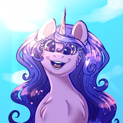 Size: 2048x2048 | Tagged: safe, artist:unfinishedheckery, izzy moonbow, pony, unicorn, g5, digital art, female, hi new friend, high res, horn, looking at you, mare, open mouth, solo