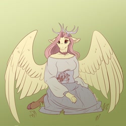 Size: 2048x2048 | Tagged: safe, artist:unfinishedheckery, fluttershy, draconequus, anthro, unguligrade anthro, fanfic:my little pony: the unexpected future, g4, antlers, breasts, busty fluttershy, clothes, digital art, draconequified, female, flutterequus, high res, horn, kneeling, looking at you, shirt, simple background, skirt, solo, species swap, spread wings, wings