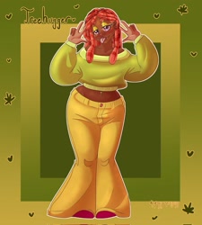 Size: 1843x2048 | Tagged: safe, artist:unfinishedheckery, tree hugger, human, g4, bedroom eyes, belly button, belly piercing, bellyring, breasts, clothes, dark skin, digital art, ear piercing, female, humanized, looking at you, midriff, pants, piercing, shirt, solo, tongue out