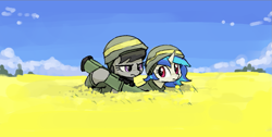 Size: 1175x590 | Tagged: safe, artist:plunger, dj pon-3, octavia melody, vinyl scratch, earth pony, pony, unicorn, g4, angry, clothes, cloud, current events, duo, duo female, female, flower, flower field, helmet, hoof hold, horn, javelin, looking at someone, mare, octavia is not amused, rapeseed, rocket launcher, sky, tree, ukraine, unamused, war, weapon, yellow