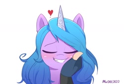 Size: 1992x1356 | Tagged: safe, artist:mar0x8, izzy moonbow, human, pony, unicorn, g5, blushing, bust, clothes, cute, eyes closed, female, fingerless gloves, full face view, gloves, grin, hand, heart, izzybetes, mare, offscreen character, simple background, smiling, solo, white background