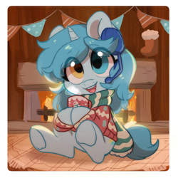 Size: 2000x2000 | Tagged: safe, artist:oofycolorful, oc, oc only, oc:otakulight, pony, unicorn, clothes, female, fire, fireplace, headset, heterochromia, mug, scarf, solo, stockings, sweater, thigh highs