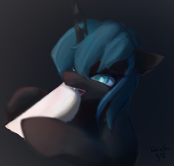 Size: 2259x2160 | Tagged: safe, artist:rainsketch, queen chrysalis, changeling, changeling queen, pony, g4, biting, black background, bust, disembodied hoof, fangs, female, high res, horn, mare, ponified animal photo, reference at source, signature, simple background, solo