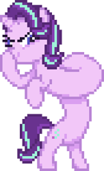 Size: 210x345 | Tagged: safe, artist:creepa-bot inc., starlight glimmer, pony, unicorn, g4, boop, crossing the memes, female, glimmerposting, long glimmer, long pony, mare, meme, pixel art, self-boop, simple background, smiling, smirk, solo, transparent background