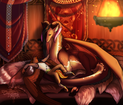 Size: 2502x2134 | Tagged: source needed, safe, artist:blackblood-queen, oc, oc only, oc:daniel dasher, oc:singe, pegasus, anthro, unguligrade anthro, anthro oc, clothes, couple, curved horn, digital art, gay, high res, horn, male, oc x oc, pegasus oc, shipping, stallion, tapestry, torch