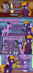 Size: 1920x4197 | Tagged: safe, artist:alexdti, twilight sparkle, oc, oc:dark purple, oc:purple creativity, alicorn, earth pony, pegasus, pony, comic:the dark purple, g4, comic, dialogue, female, floppy ears, folded wings, glasses, glowing, glowing horn, high res, hooves, horn, lidded eyes, looking at someone, looking away, looking back, male, mare, misspelling, offscreen character, open mouth, open smile, pegasus oc, raised eyebrow, raised hoof, rule 63, smiling, speech bubble, stallion, standing, tail, twilight sparkle (alicorn), twilight's castle, underhoof, wings
