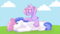 Size: 1280x732 | Tagged: safe, artist:itstechtock, oc, oc only, oc:bedhead, oc:swift wing, pegasus, pony, glasses, lying down, male, parent:frazzle rock, parent:fuzzy slippers, prone, stallion