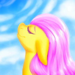 Size: 1500x1500 | Tagged: safe, artist:xvxcammyblossomxvx, fluttershy, pegasus, pony, g4, bust, eyes closed, female, floppy ears, mare, profile, sky, sky background, smiling, solo