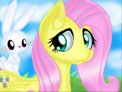 Size: 512x387 | Tagged: safe, artist:xvxcammyblossomxvx, angel bunny, fluttershy, pegasus, pony, rabbit, g4, angel riding fluttershy, animal, duo, ear fluff, female, folded wings, looking at each other, looking at someone, looking back, mare, outdoors, rabbits riding ponies, smiling, three quarter view, wings