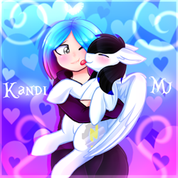 Size: 1500x1500 | Tagged: safe, artist:xvxcammyblossomxvx, oc, oc only, human, pegasus, pony, blushing, commission, cute, duo, eyes closed, female, holding a pony, licking, pegasus oc, tongue out