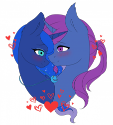 Size: 700x772 | Tagged: source needed, safe, artist:torihime, princess luna, oc, oc:azure night, g4, azuna, canon x oc, commission, heart, jewelry, necklace, shipping, simple background, transparent background, ych result