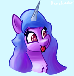 Size: 1599x1636 | Tagged: safe, artist:llamalauncher, izzy moonbow, pony, unicorn, g5, :p, blue background, bust, chest fluff, female, simple background, solo, tongue out