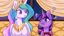 Size: 1920x1080 | Tagged: safe, artist:vladivoices, part of a set, princess celestia, twilight sparkle, alicorn, pony, unicorn, fanfic:friendship is tragic, g4, animatic, blushing, book, duo, female, looking at each other, looking at someone, part of a series, unicorn twilight