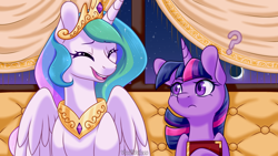 Size: 1920x1080 | Tagged: safe, artist:vladivoices, part of a set, princess celestia, twilight sparkle, alicorn, pony, unicorn, fanfic:friendship is tragic, g4, animatic, duo, eyes closed, female, frown, laughing, part of a series, question mark, smiling, unamused, unicorn twilight