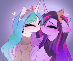 Size: 3000x2500 | Tagged: safe, artist:magnaluna, princess celestia, twilight sparkle, alicorn, pony, boop, clothes, cute, cutelestia, eyes closed, female, floating heart, floppy ears, heart, lesbian, mare, noseboop, nuzzling, older, older twilight, shipping, sweater, turtleneck, twiabetes, twilestia, twilight sparkle (alicorn), weapons-grade cute