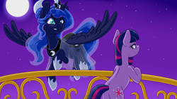 Size: 1920x1080 | Tagged: safe, artist:vladivoices, part of a set, princess luna, twilight sparkle, alicorn, pony, unicorn, fanfic:friendship is tragic, g4, animatic, balcony, duo, female, flying, moon, night, unicorn twilight