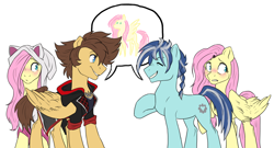 Size: 3336x1808 | Tagged: safe, artist:not-ordinary-pony, fluttershy, oc, oc:moon mender, fanfic:forgiveness pending, fanfic:kingdom hearts of harmony, g4, blushing, commission, crossover, embarrassed, kingdom hearts, kingdom hearts of harmony, self paradox, self ponidox, sora