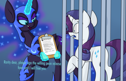 Size: 2999x1920 | Tagged: safe, artist:moonatik, nightmare moon, rarity, alicorn, pony, unicorn, new lunar millennium, g4, alternate timeline, cage, captive, clipboard, clothes, contract, deltarune, ethereal mane, ethereal tail, eyeshadow, female, helmet, magic, makeup, mare, nightmare takeover timeline, peytral, queen (deltarune), raised hoof, shoes, tail