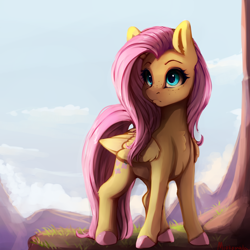 Size: 5000x5000 | Tagged: safe, artist:miokomata, fluttershy, pegasus, pony, g4, absurd resolution, chest fluff, cliff, colored hooves, cute, female, folded wings, freckles, freckleshy, frown, mare, outdoors, shyabetes, solo, standing, turned head, wings