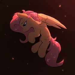 Size: 1324x1324 | Tagged: safe, artist:glazirka, fluttershy, pegasus, pony, g4, chest fluff, female, lying down, mare, melancholy, on side, one wing out, profile, solo, wings