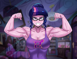 Size: 800x611 | Tagged: safe, artist:tzc, sci-twi, twilight sparkle, equestria girls, g4, bodybuilder, breasts, busty sci-twi, clothes, commission, female, glasses, grin, muscles, muscular female, sci-twi muscle, shadowbolts, smiling, solo, twilight muscle