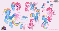 Size: 2048x1080 | Tagged: safe, artist:imalou, boulder media, pinkie pie, rainbow dash, pegasus, pony, g5, my little pony: a new generation, behind the scenes, boulder media logo, cloud, colored wings, concept art, duo, duo female, feathered fetlocks, female, g5 concept leak style, g5 concept leaks, hasbro, hasbro logo, logo, lying down, lying on a cloud, mare, multicolored wings, my little pony: a new generation logo, netflix, netflix logo, on a cloud, pegasus pinkie pie, pink background, pinkie pie (g5 concept leak), race swap, rainbow dash (g5 concept leak), rainbow wings, simple background, wings