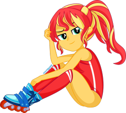 Size: 1105x1000 | Tagged: safe, artist:mr-breadman, sunset shimmer, equestria girls, g4, alternate hairstyle, bare shoulders, clothes, female, one-piece swimsuit, roller skates, rollerblades, show accurate, simple background, sleeveless, solo, swimsuit, transparent background