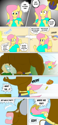 Size: 3254x6996 | Tagged: safe, artist:matchstickman, applejack, fluttershy, oc, earth pony, minotaur, pegasus, anthro, comic:now i'm a jerk, g4, abs, belt, bread, chibi, comic, commission, dialogue, female, food, male, mare, muscles, oblivious, pecs, speech bubble, the tick