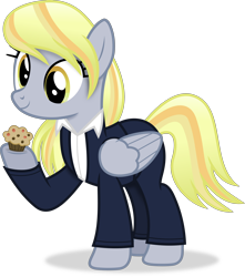 Size: 2920x3310 | Tagged: safe, artist:anime-equestria, derpy hooves, pegasus, pony, g4, alternate hairstyle, clothes, female, folded wings, food, full body, high res, hoof hold, mare, muffin, shadow, simple background, smiling, solo, standing, suit, tail, transparent background, vector, wings
