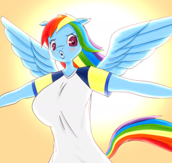 Size: 2118x2018 | Tagged: safe, artist:chidesul, rainbow dash, pegasus, anthro, g4, blushing, breasts, busty rainbow dash, clothes, female, high res, solo, spread wings, wings