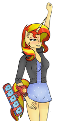 Size: 939x1914 | Tagged: safe, artist:digigex90, sunset shimmer, unicorn, anthro, g4, clothes, duel disk, female, jacket, leather jacket, simple background, transparent background, yu-gi-oh!