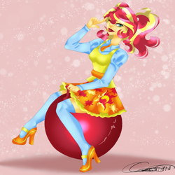 Size: 2048x2048 | Tagged: safe, artist:masterglucose, sunset shimmer, equestria girls, g4, ball, clothes, clothes swap, female, grin, high res, lipstick, one eye closed, red lipstick, sci-twi outfits, skirt, smiling, solo, space hopper, wink