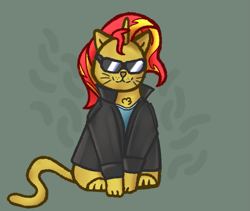 Size: 641x541 | Tagged: safe, artist:circumflexs, sunset shimmer, cat, g4, catified, clothes, female, jacket, leather jacket, nyanset shimmer, solo, species swap, sunglasses