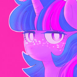 Size: 1400x1400 | Tagged: safe, artist:latiatonta, twilight sparkle, pony, unicorn, g4, bust, simple background, solo, sparkles, unicorn twilight