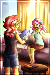 Size: 1600x2400 | Tagged: dead source, safe, artist:cordearcoiris, fluttershy, sunset shimmer, shark, sunfish, fanfic:playing house, series:who we become, equestria girls, g4, blåhaj, book, couch, curtains, cute, deviantart watermark, duo, fanfic, fanfic art, female, lesbian, obtrusive watermark, plushie, shark plushie, ship:sunshyne, shipping, sitting, standing, table, watermark