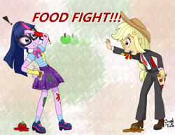 Size: 3300x2550 | Tagged: safe, artist:bageloftime, sci-twi, twilight sparkle, equestria girls, g4, ponies of dark water, apple, clothes, commission, commissioner:annonmyous, donaldjack, duo, equestria girls-ified, female, food, food fight, high res, pizza, suit, tomato