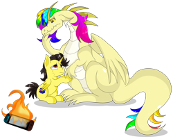 Size: 8450x6750 | Tagged: safe, artist:rainbowtashie, oc, oc:rainbow tashie, oc:tommy the human, alicorn, dragon, pony, alicorn oc, australia, burning, child, colt, commissioner:bigonionbean, crying, cute, daaaaaaaaaaaw, dialogue, dragoness, dragonified, duo, female, fire, foal, horn, hug, male, nintendo, nintendo switch, simple background, species swap, teary eyes, transparent background, wings